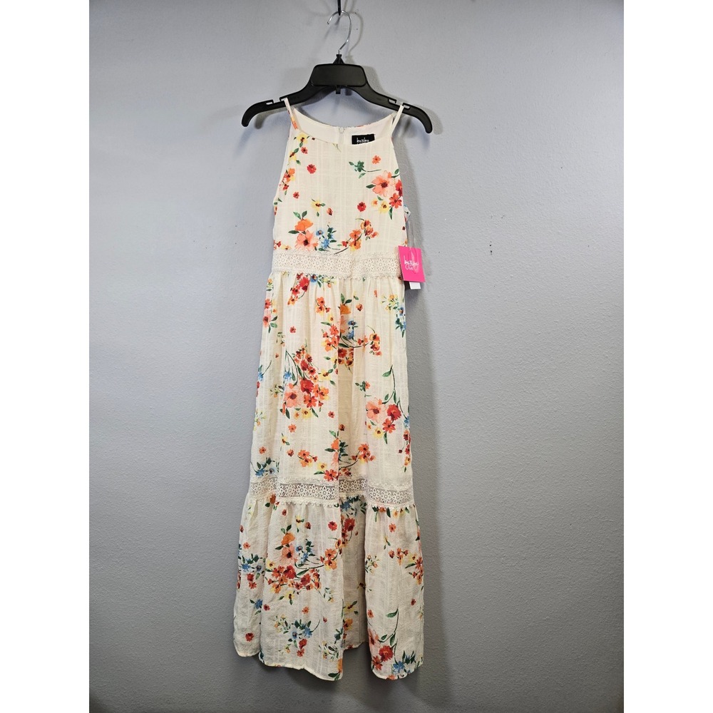 by & by Floral Boho Lace Trim Tiered Halter Maxi Dress Ivory 8